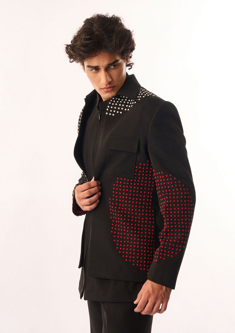 Twamev Men Black Crepe Bomber Jacket with Embellishments