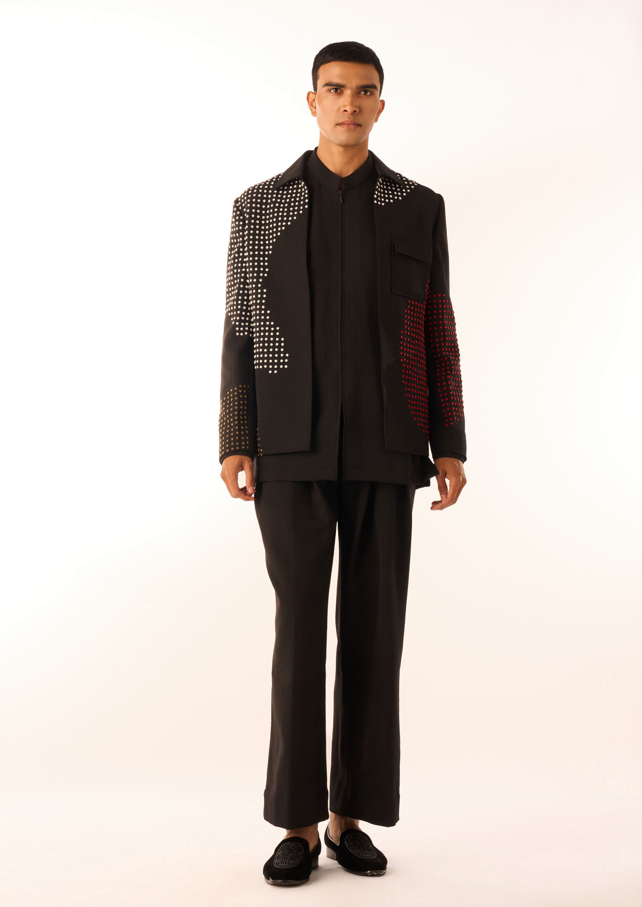 Twamev Men Black Crepe Bomber Jacket with Embellishments