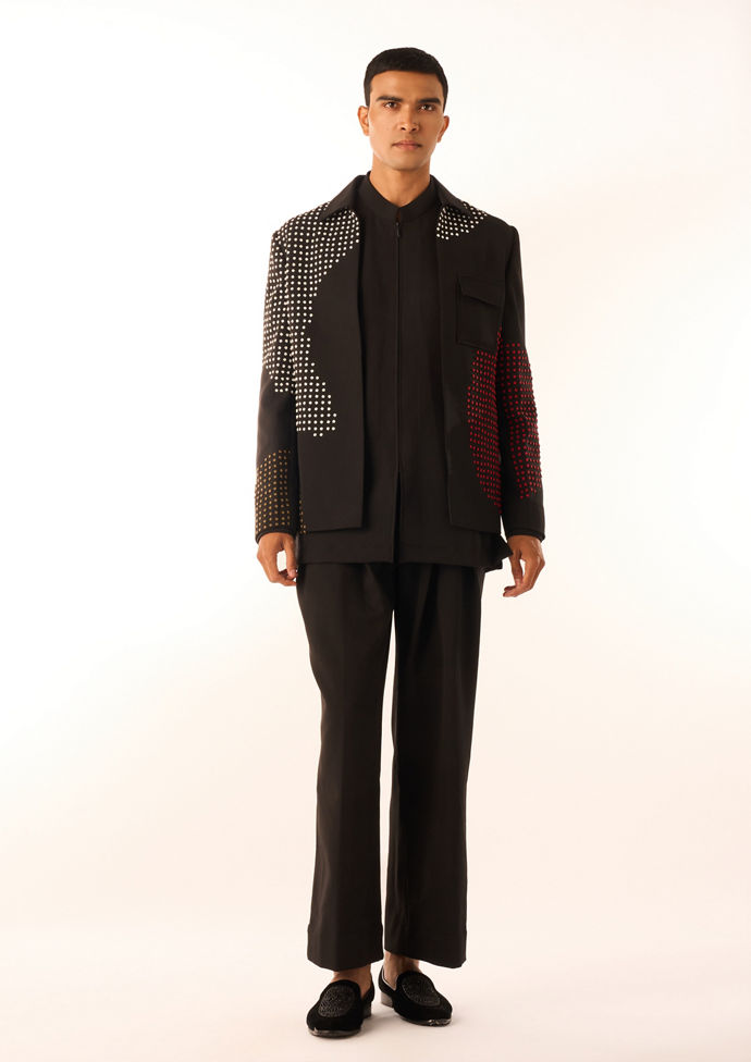 Twamev Men Black Crepe Bomber Jacket with Embellishments