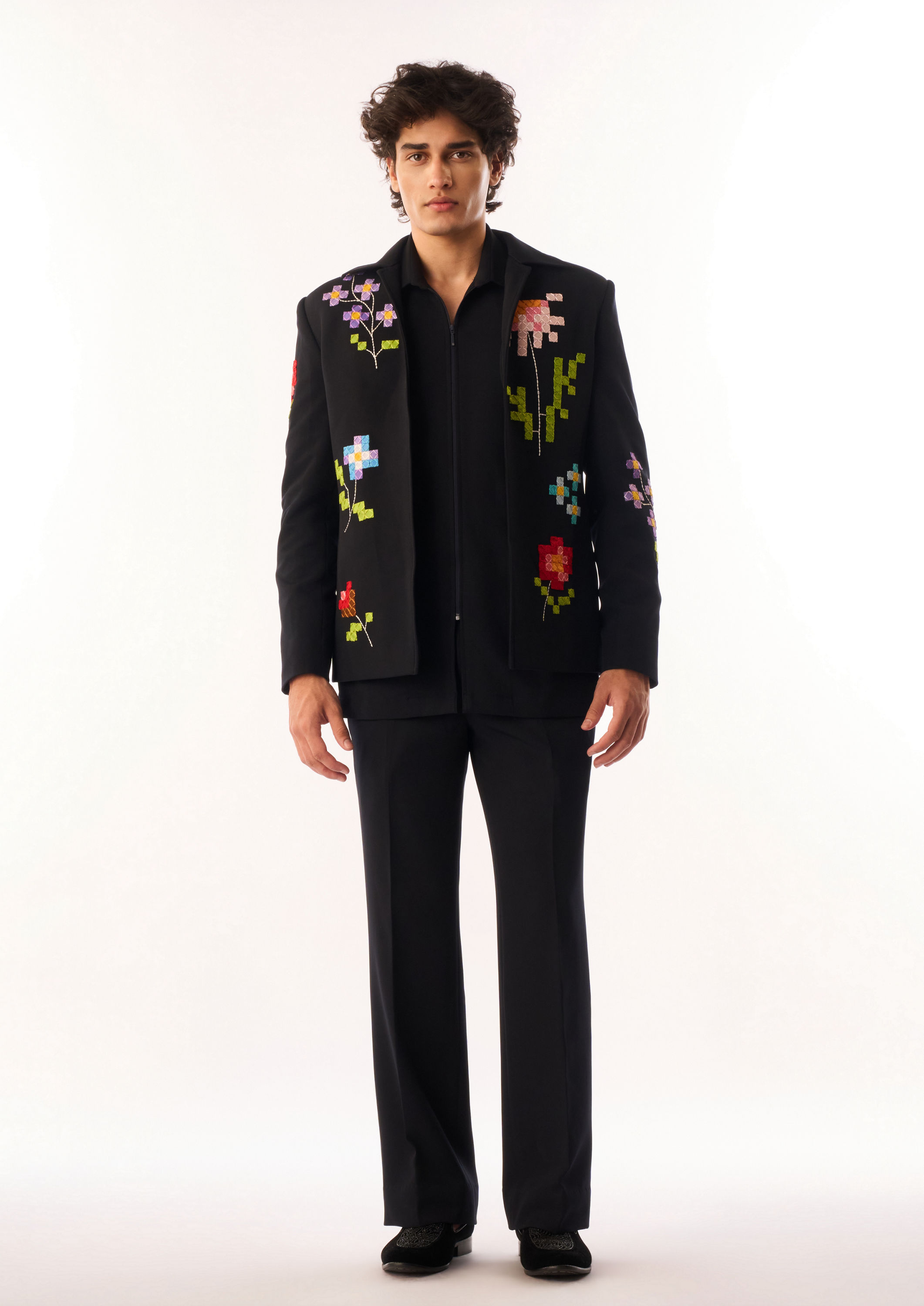 Twamev Men Black Crepe Bomber Jacket with Floral Embroidery