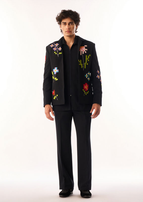 Twamev Men Black Crepe Bomber Jacket with Floral Embroidery