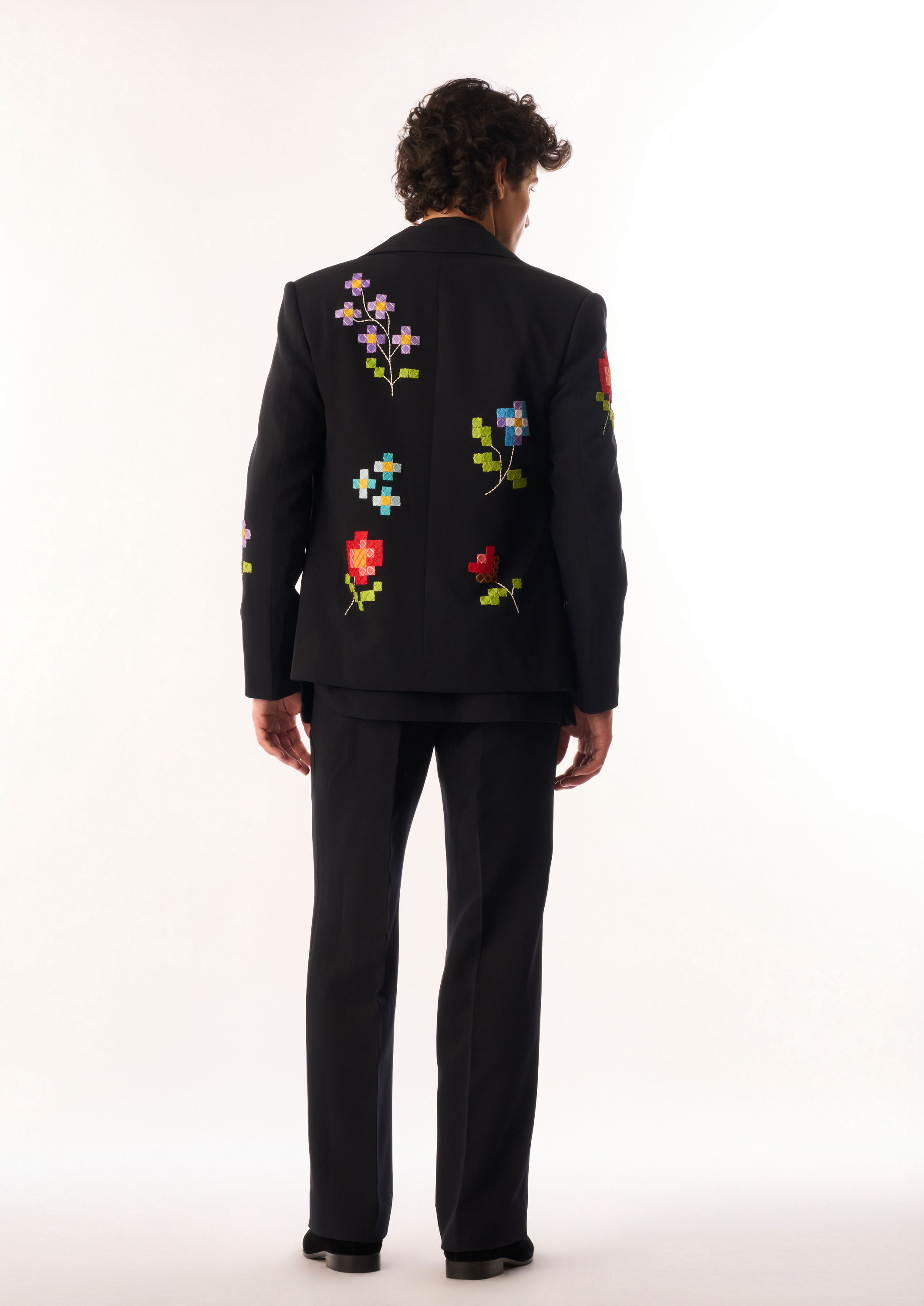 Twamev Men Black Crepe Bomber Jacket with Floral Embroidery