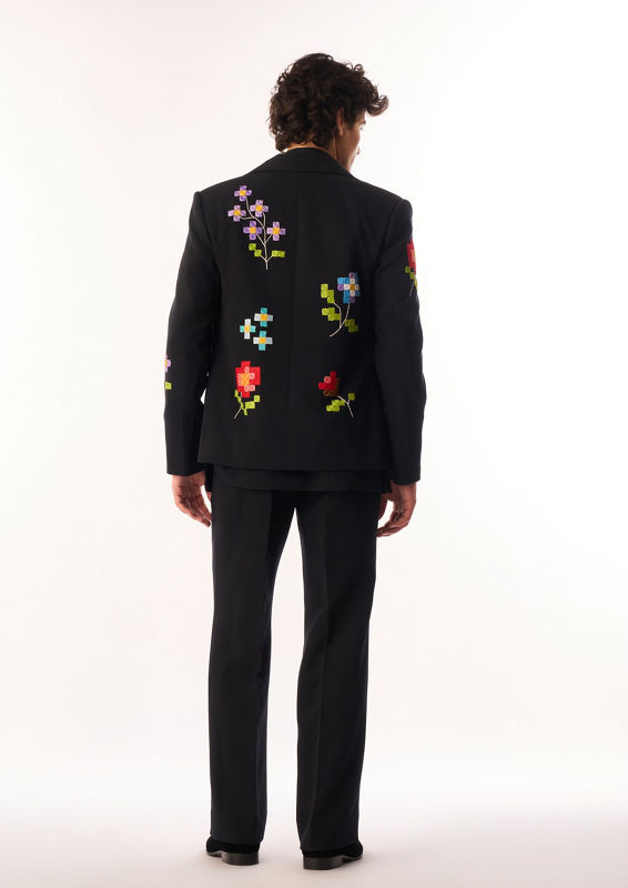 Twamev Men Black Crepe Bomber Jacket with Floral Embroidery