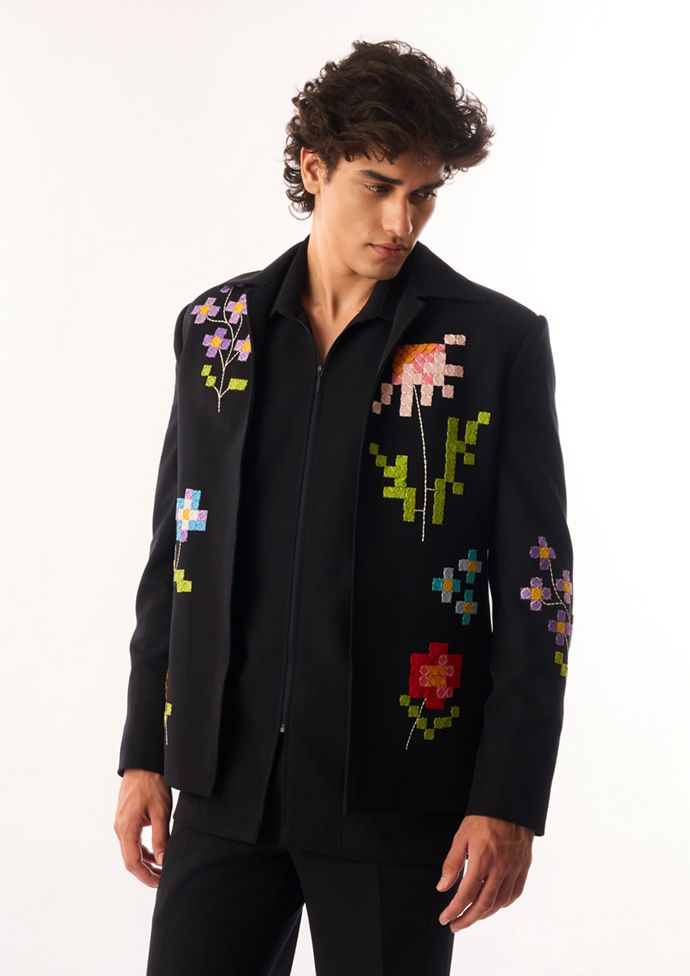 Twamev Men Black Crepe Bomber Jacket with Floral Embroidery