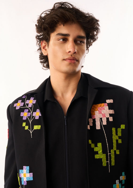Twamev Men Black Crepe Bomber Jacket with Floral Embroidery