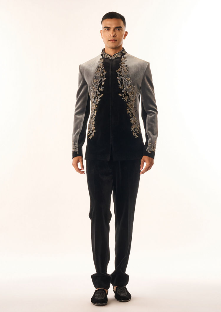 Twamev Men Black Velvet Jodhpuri Set with Embroidery