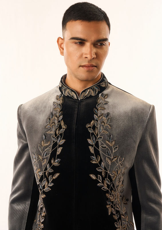 Twamev Men Black Velvet Jodhpuri Set with Embroidery