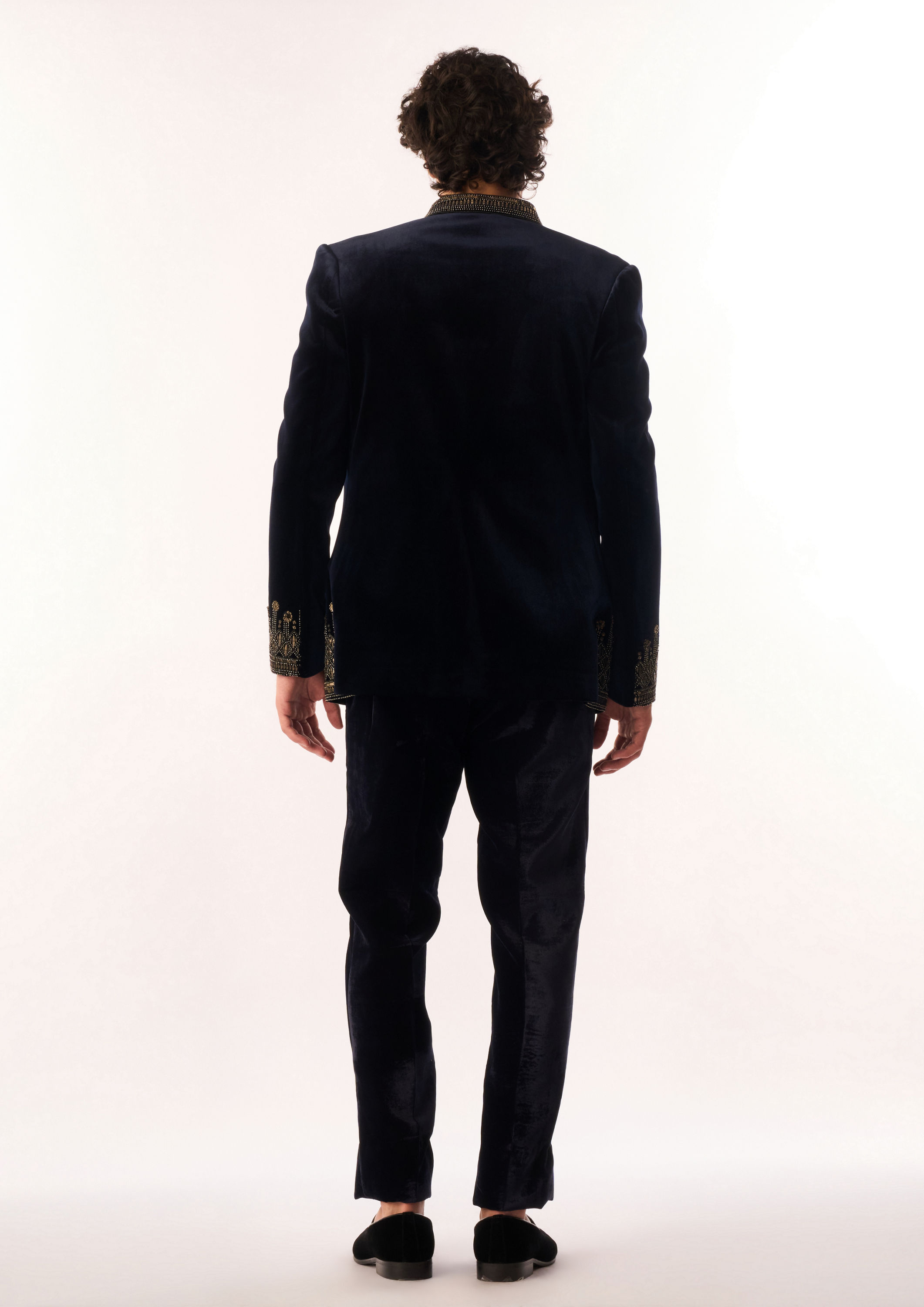 Twamev Men Dark Blue Velvet Jodhpuri Set with Embroidery