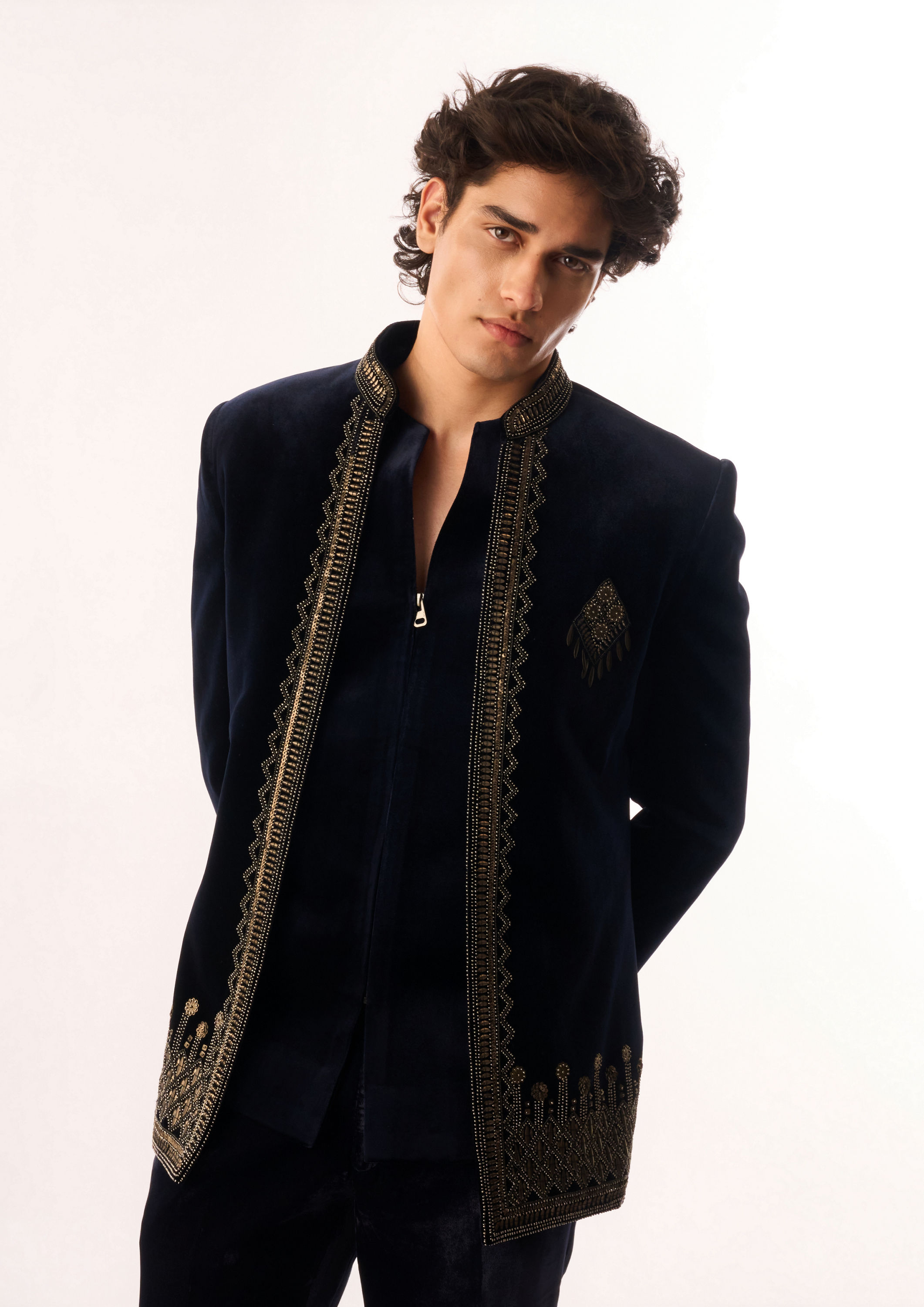 Twamev Men Dark Blue Velvet Jodhpuri Set with Embroidery