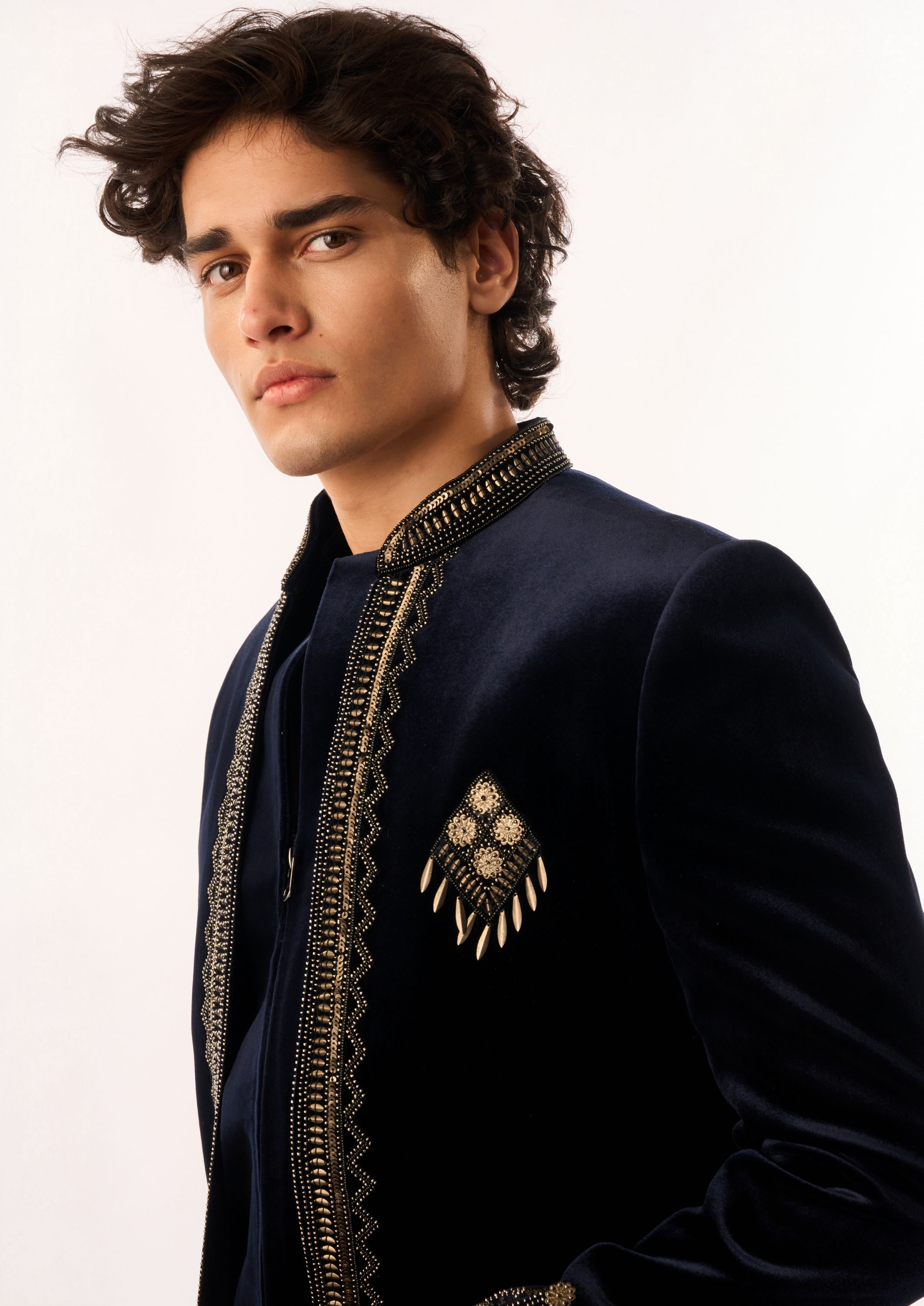 Twamev Men Dark Blue Velvet Jodhpuri Set with Embroidery