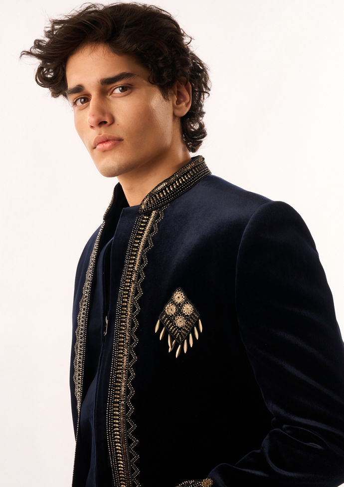 Twamev Men Dark Blue Velvet Jodhpuri Set with Embroidery