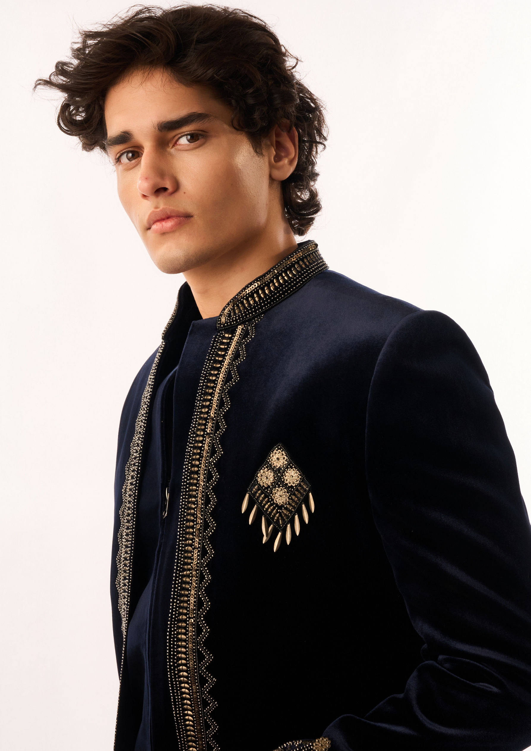 Twamev Men Dark Blue Velvet Jodhpuri Set with Embroidery