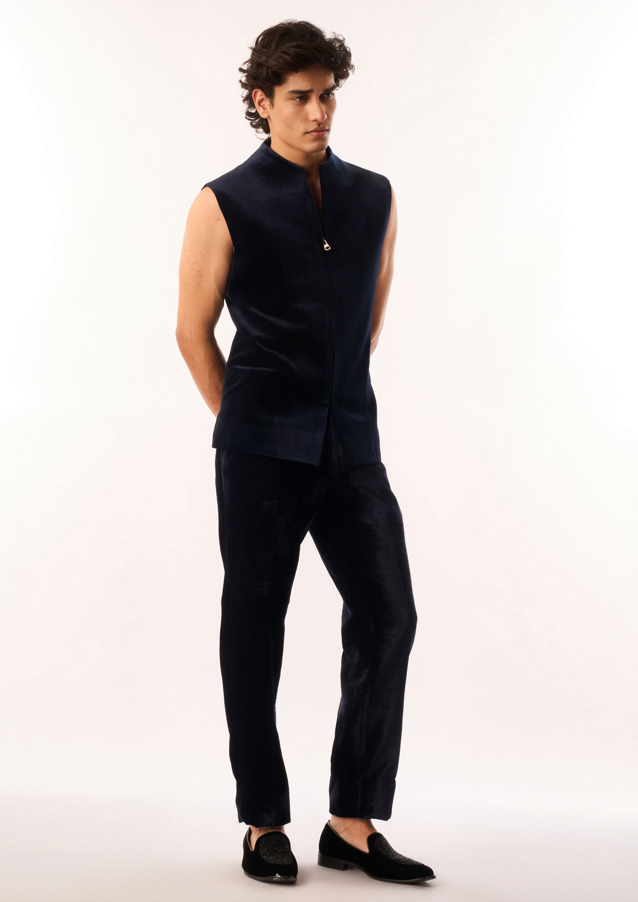 Twamev Men Dark Blue Velvet Jodhpuri Set with Embroidery