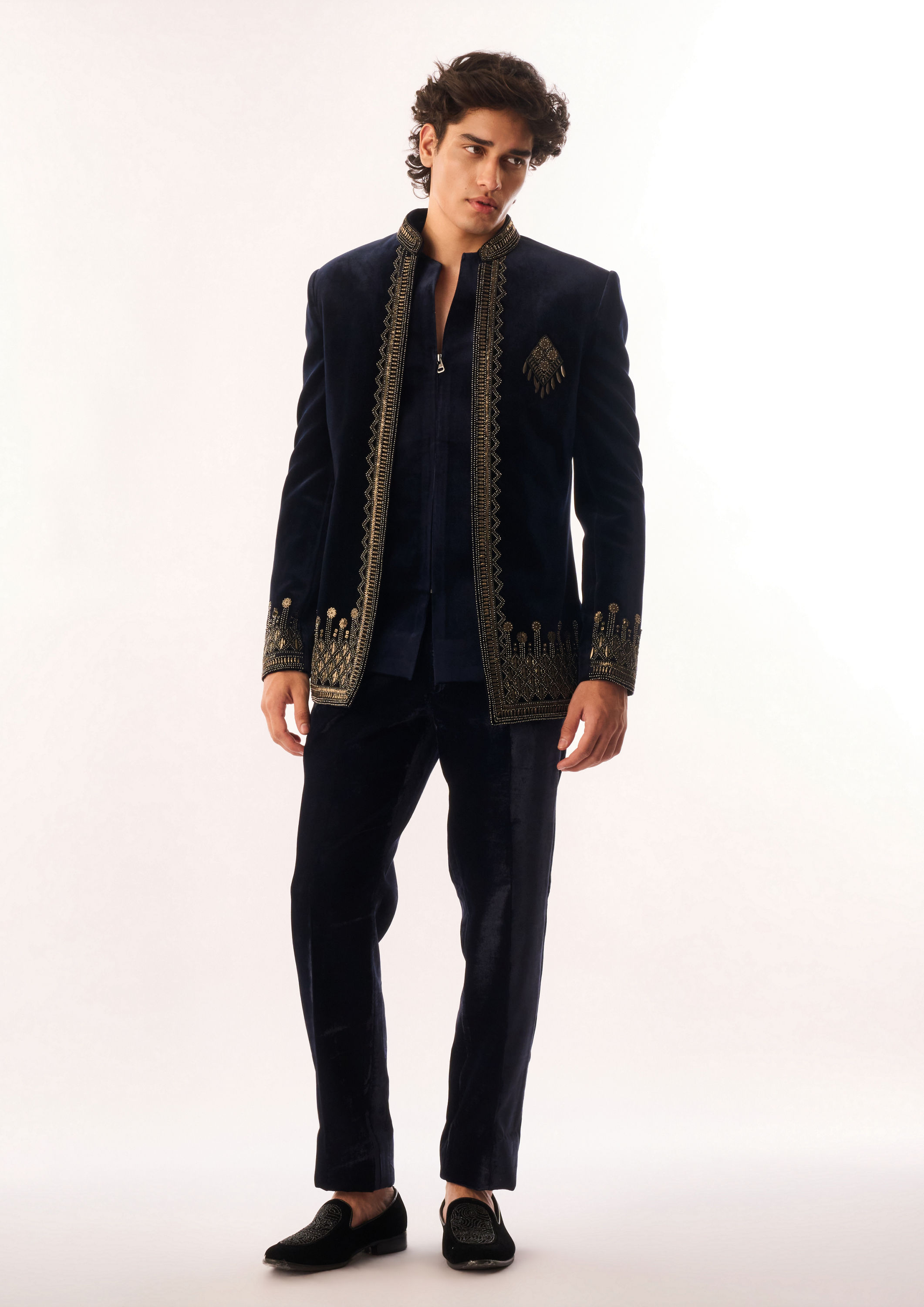 Twamev Men Dark Blue Velvet Jodhpuri Set with Embroidery
