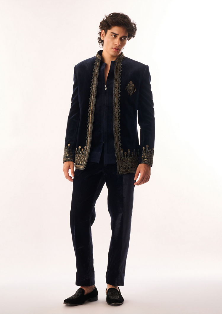 Twamev Men Dark Blue Velvet Jodhpuri Set with Embroidery