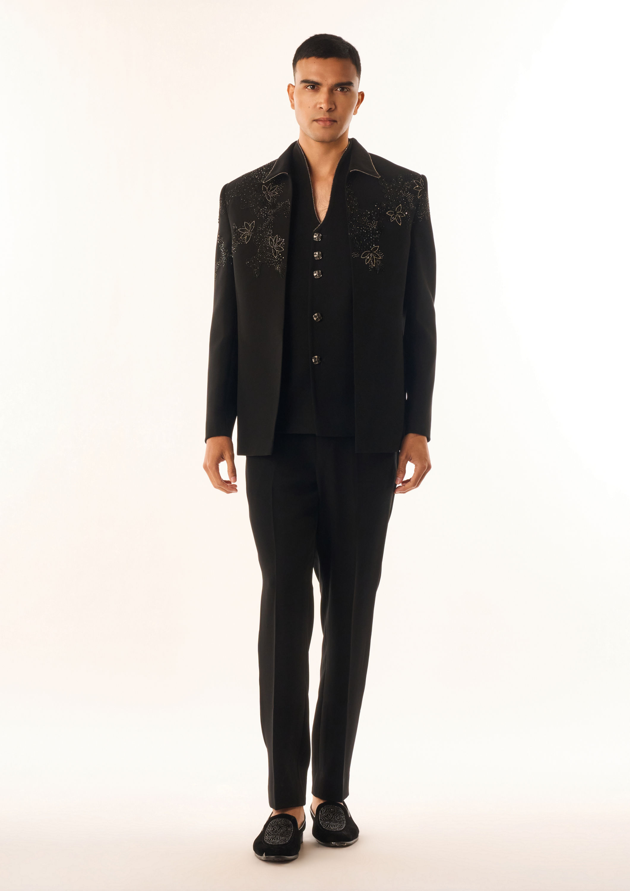Twamev Men Black Rayon Suit Set with Embroidery