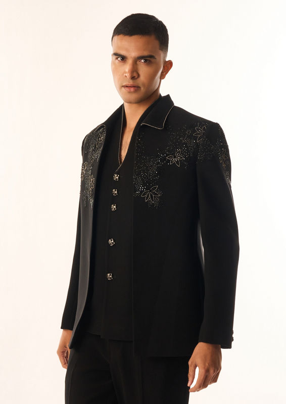 Twamev Men Black Rayon Suit Set with Embroidery