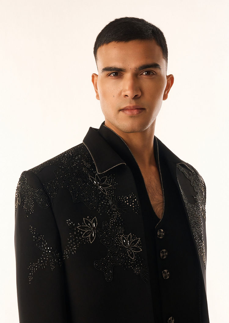 Twamev Men Black Rayon Suit Set with Embroidery