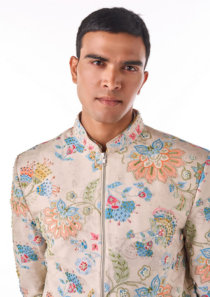 Twamev Men Beige Botanical Bomber Suit