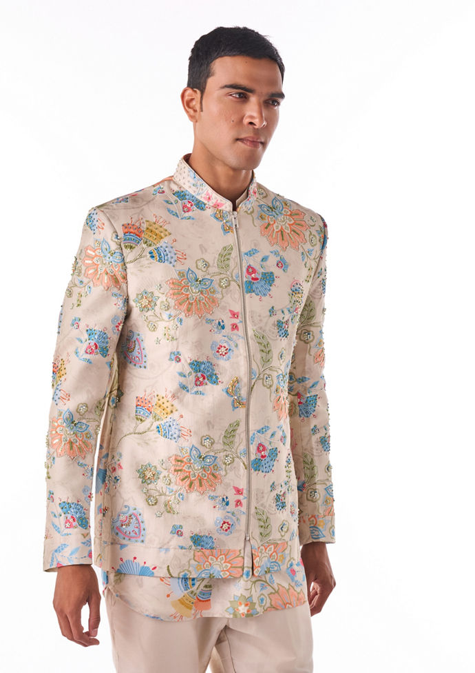 Twamev Men Beige Botanical Bomber Suit