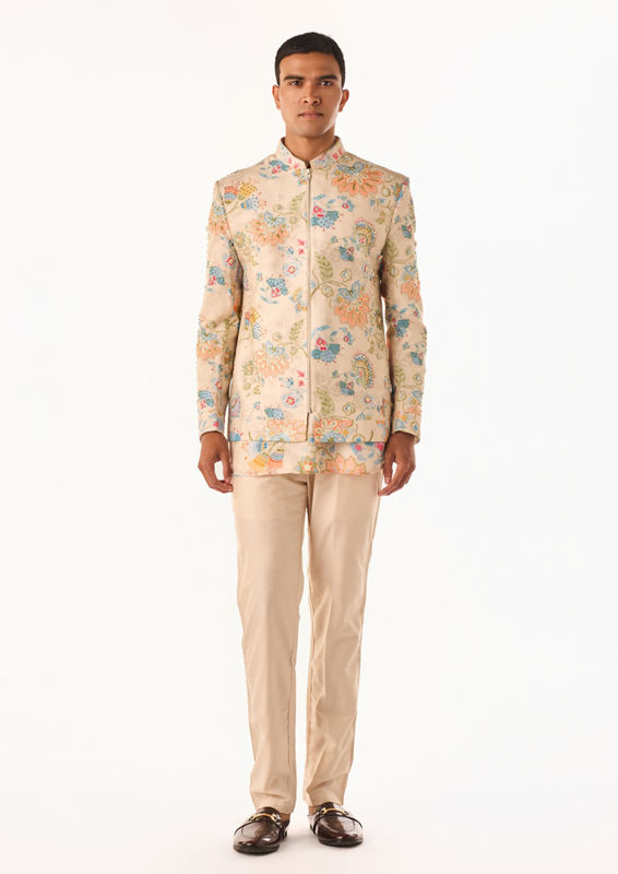 Twamev Men Beige Botanical Bomber Suit
