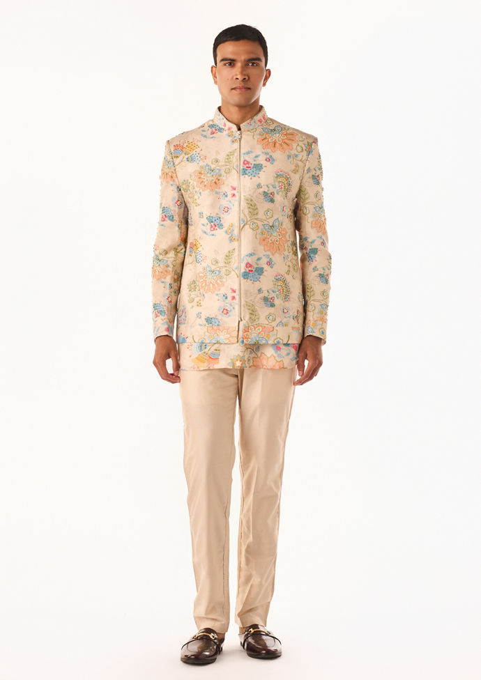 Twamev Men Beige Botanical Bomber Suit