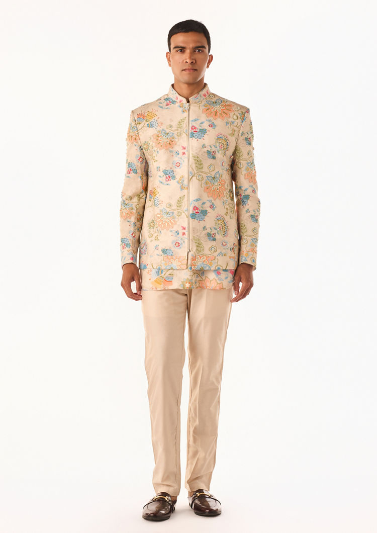 Twamev Men Beige Botanical Bomber Suit