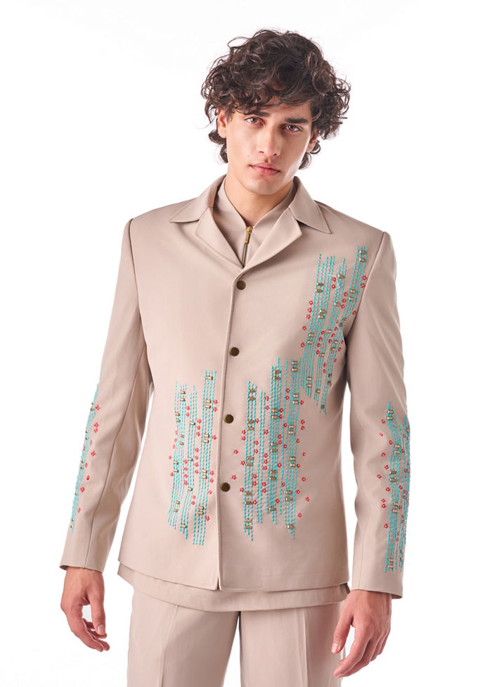 Twamev Men Beige Embroidered Bomber Suit
