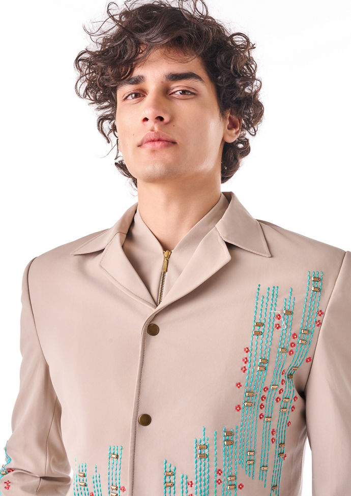 Twamev Men Beige Embroidered Bomber Suit