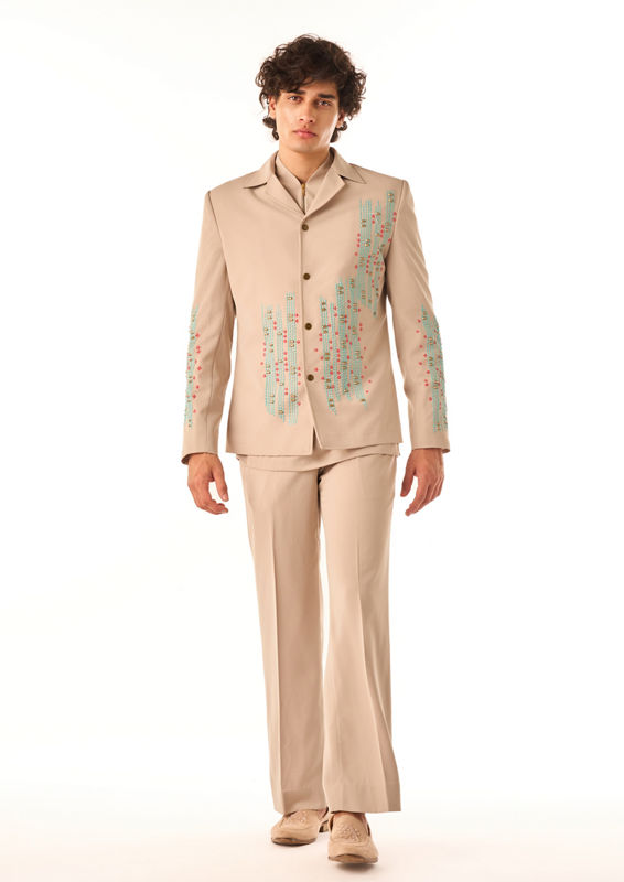 Twamev Men Beige Embroidered Bomber Suit