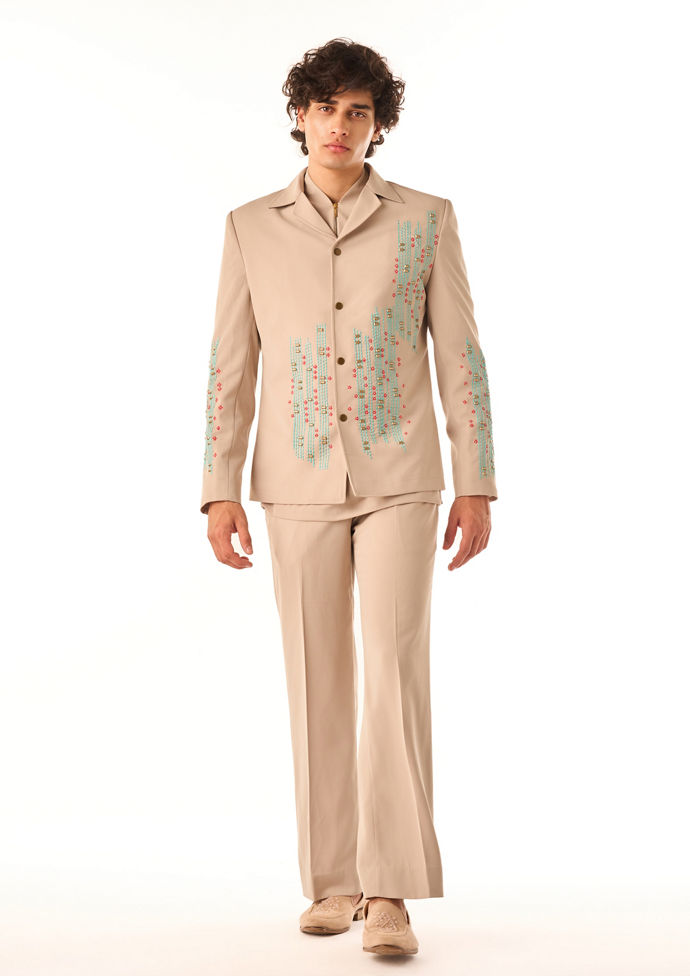 Twamev Men Beige Embroidered Bomber Suit