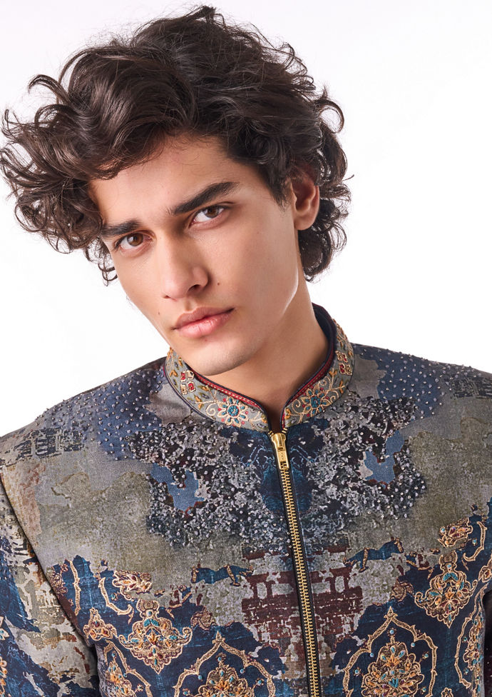 Twamev Men Charcoal Ornate Bomber Suit