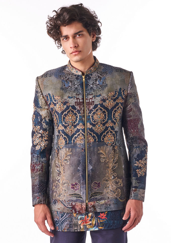 Twamev Men Charcoal Ornate Bomber Suit