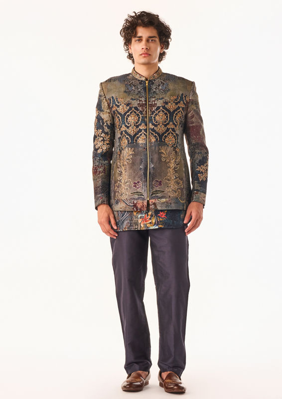 Twamev Men Charcoal Ornate Bomber Suit
