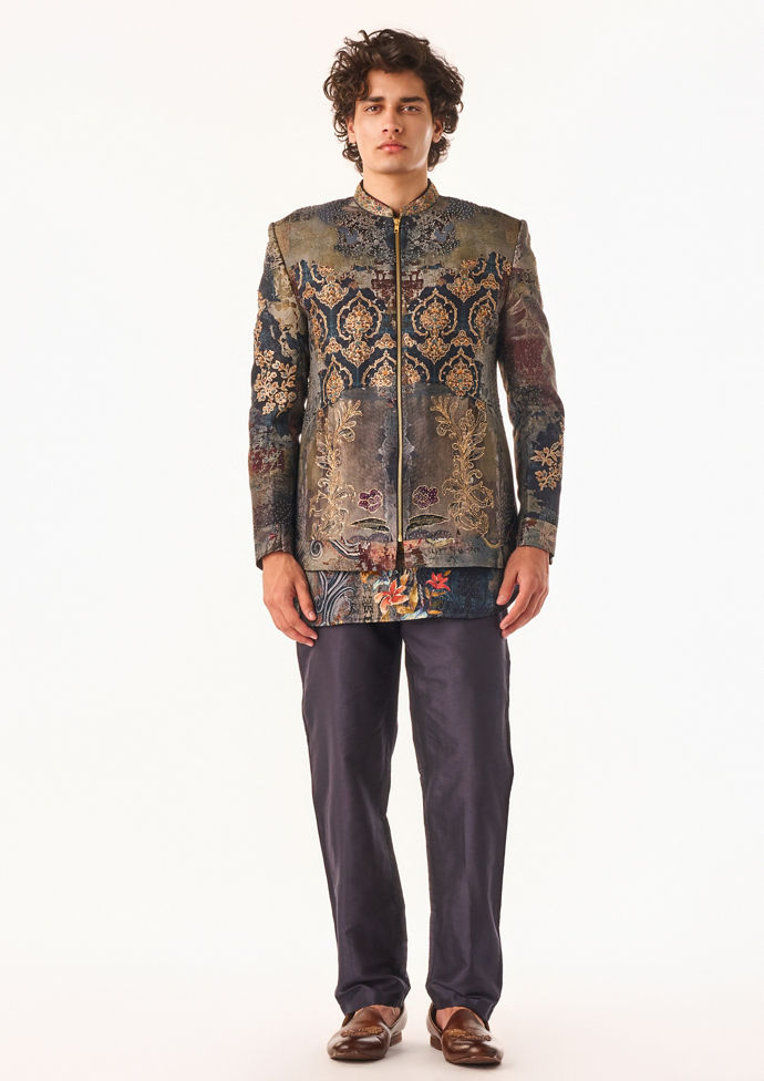 Twamev Men Charcoal Ornate Bomber Suit