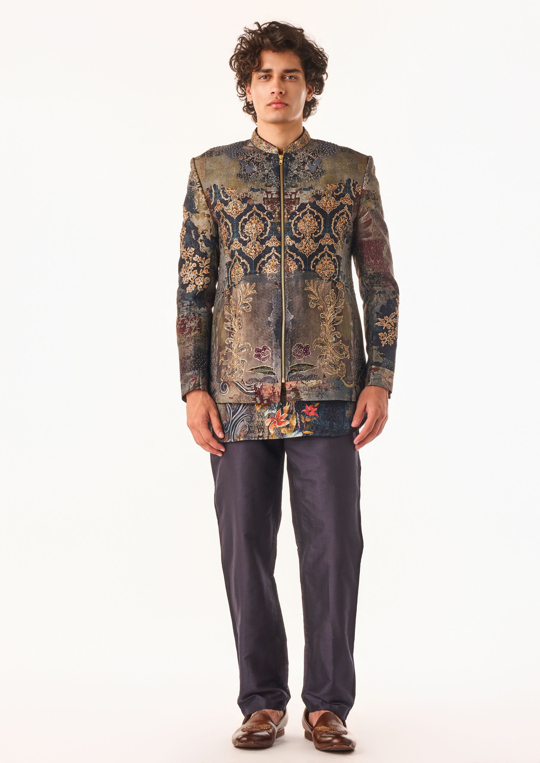 Twamev Men Charcoal Ornate Bomber Suit