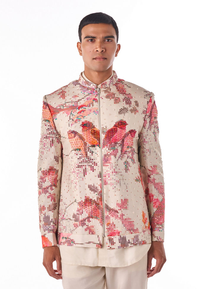 Twamev Men Ivory Floral Embroidered Bomber Jacket