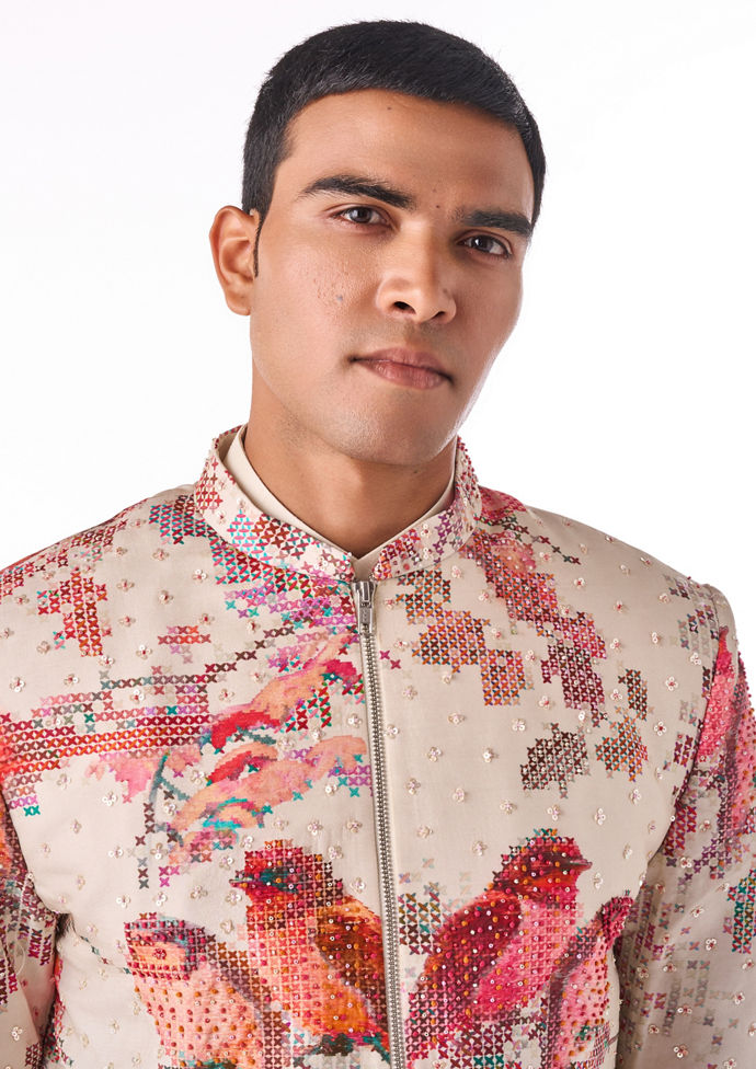 Twamev Men Ivory Floral Embroidered Bomber Jacket