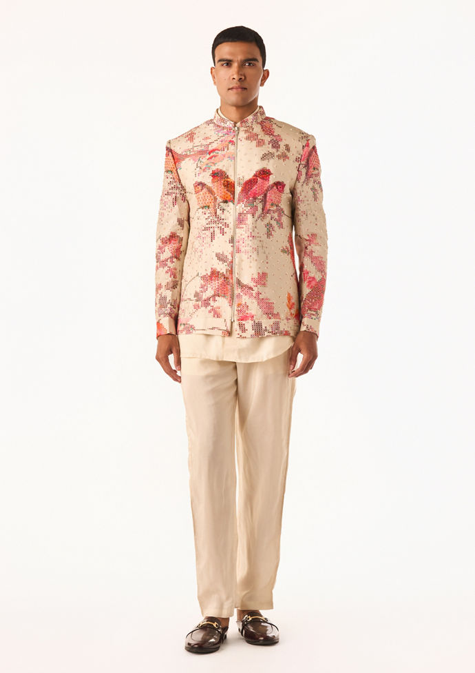 Twamev Men Ivory Floral Embroidered Bomber Jacket