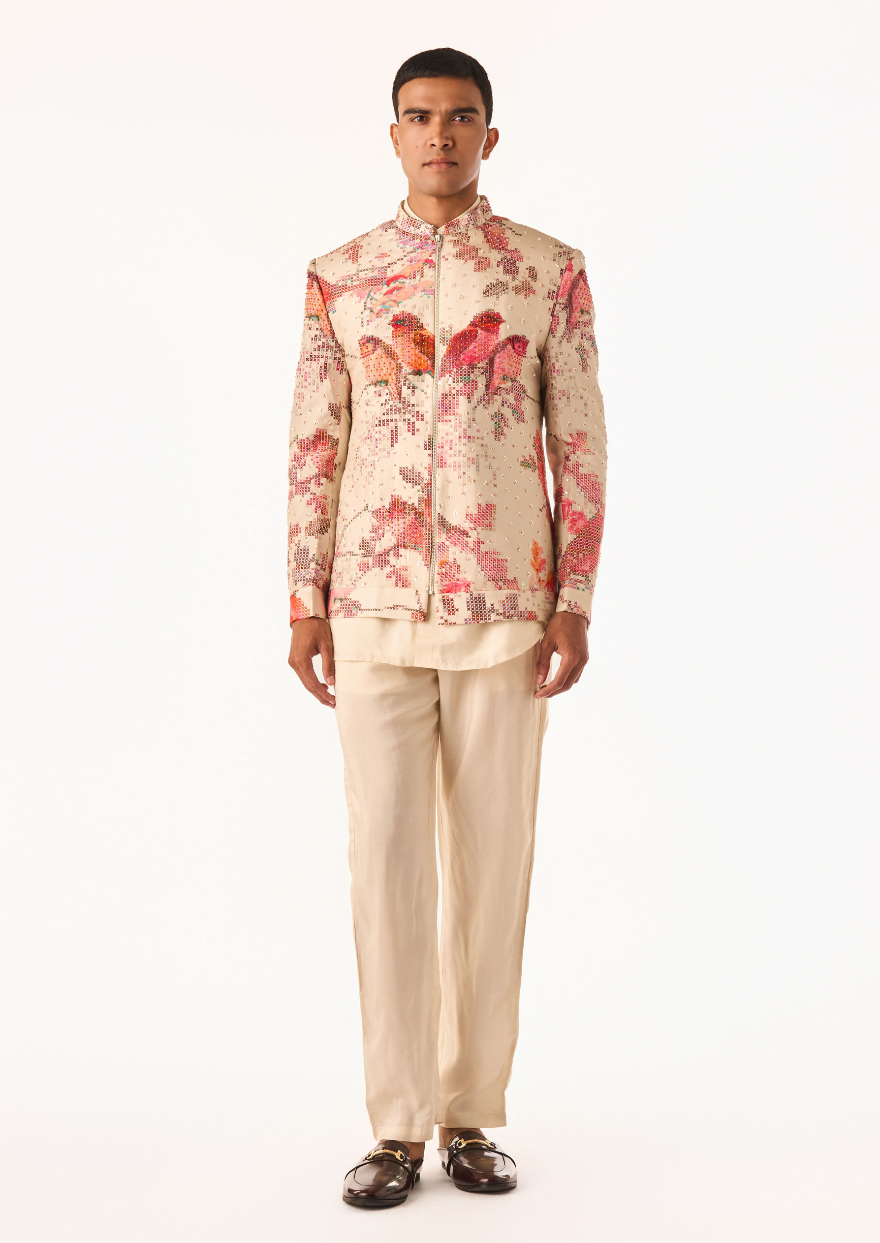 Twamev Men Ivory Floral Embroidered Bomber Jacket