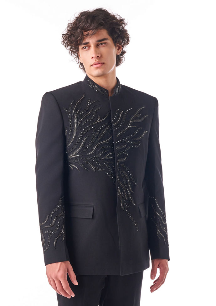 Twamev Men Black Jodhpuri Set with Hand-Embellished Beadwork