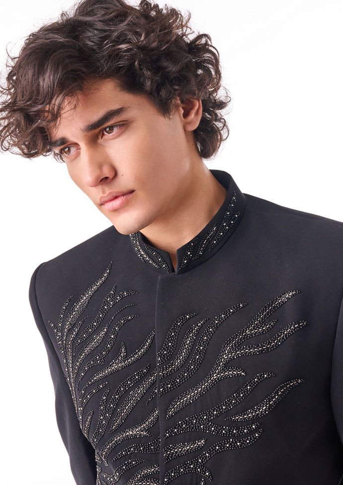 Twamev Men Black Jodhpuri Set with Hand-Embellished Beadwork
