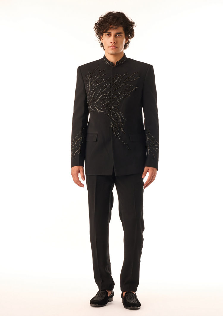 Twamev Men Black Jodhpuri Set with Hand-Embellished Beadwork