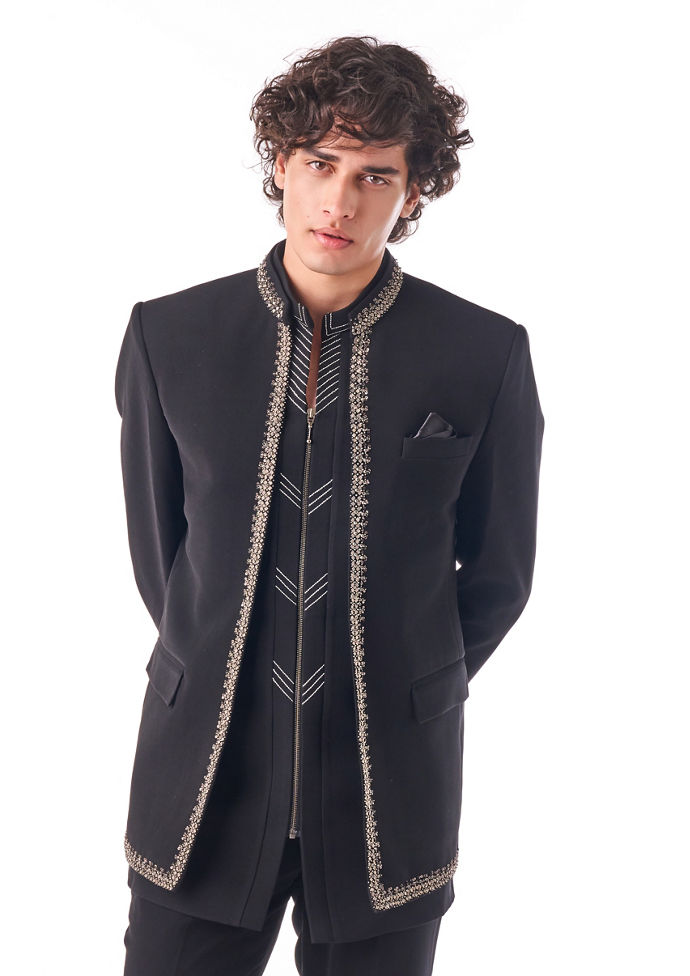 Twamev Men Black Crepe Jodhpuri Set