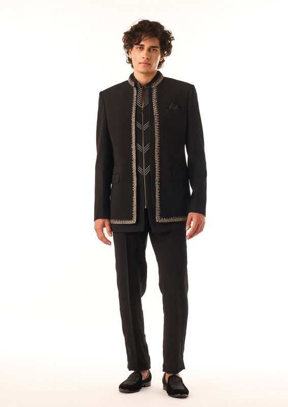 Twamev Men Black Crepe Jodhpuri Set