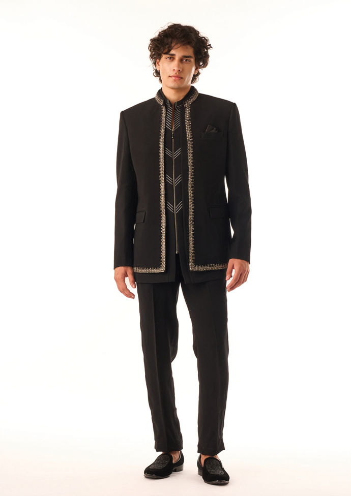 Twamev Men Black Crepe Jodhpuri Set