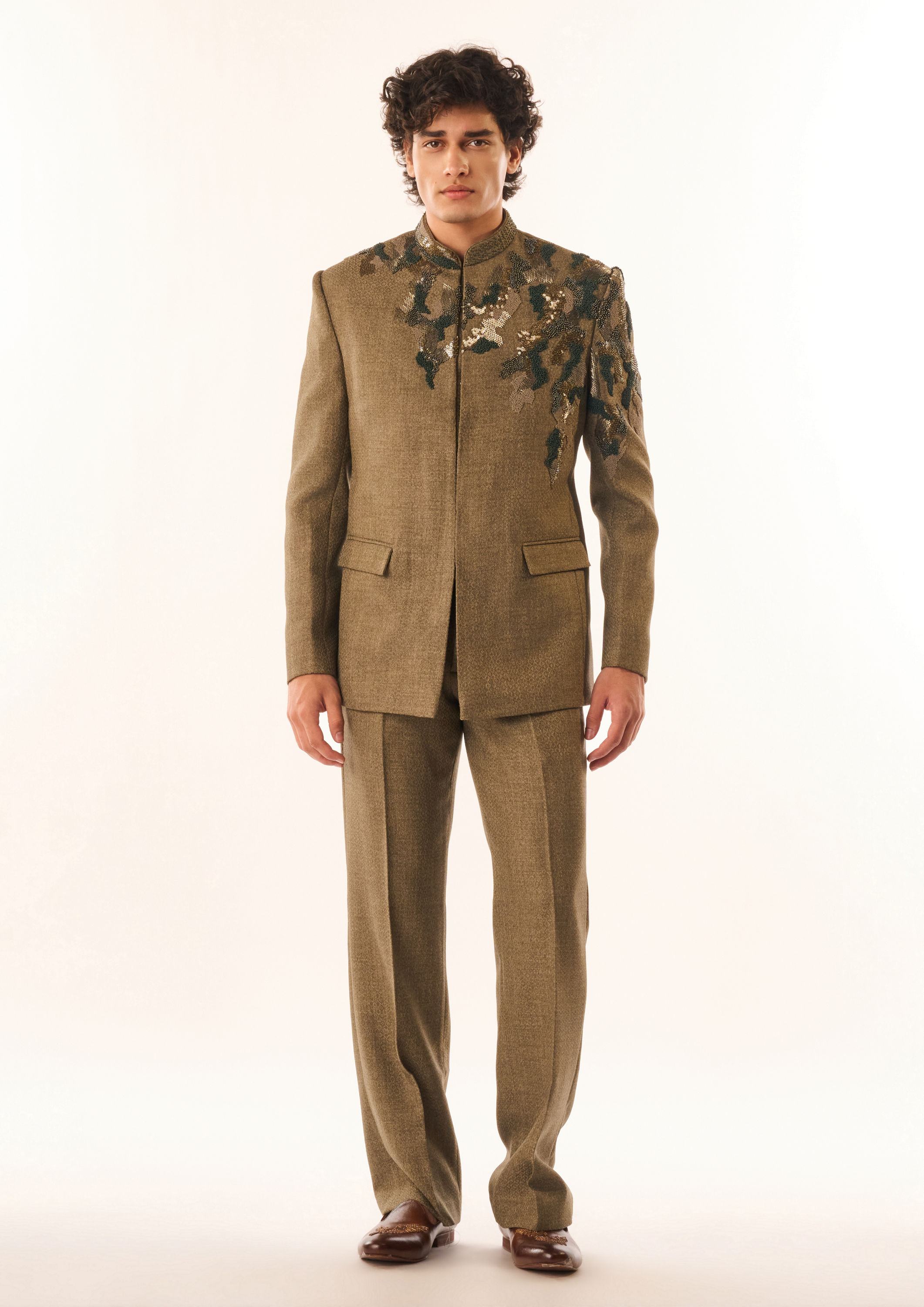 Twamev Men Olive Green Terrywool Jodhpuri Set with Embroidery