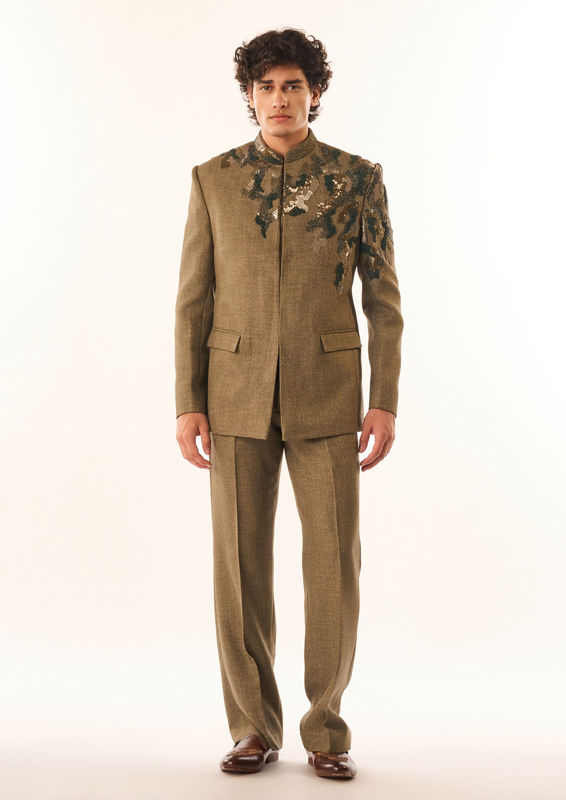 Twamev Men Olive Green Terrywool Jodhpuri Set with Embroidery