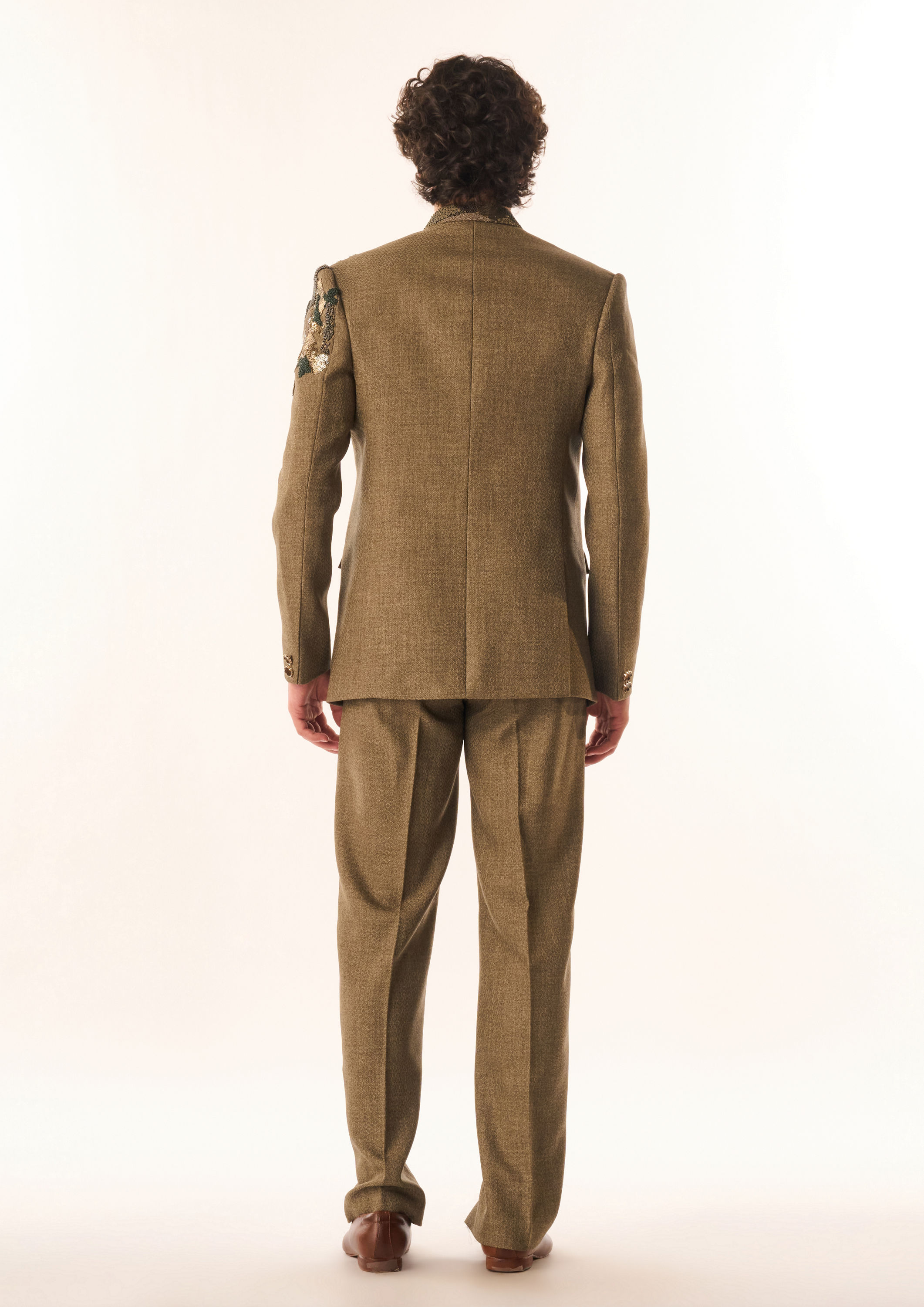 Twamev Men Olive Green Terrywool Jodhpuri Set with Embroidery