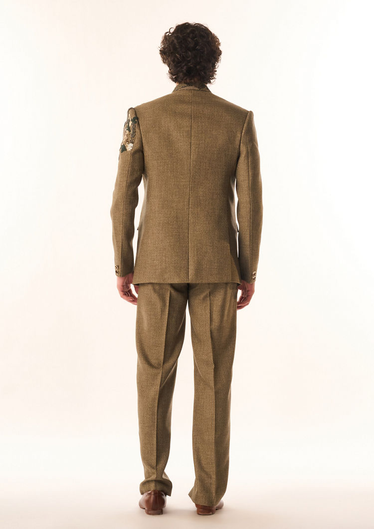 Twamev Men Olive Green Terrywool Jodhpuri Set with Embroidery